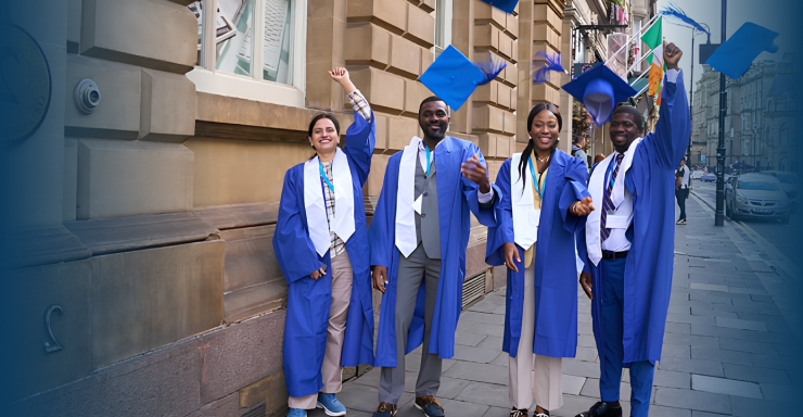 Graduates celebrating completion of Pitman Training diplomas outside a UK training centre