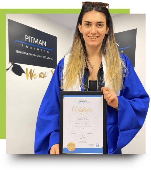 Angjelica, Pitman Training Manchester graduate, holding her Web Developer Diploma certificate